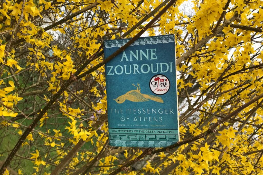 The Messenger of Athens by Anne Zouroudi in a yellow flowering shrub