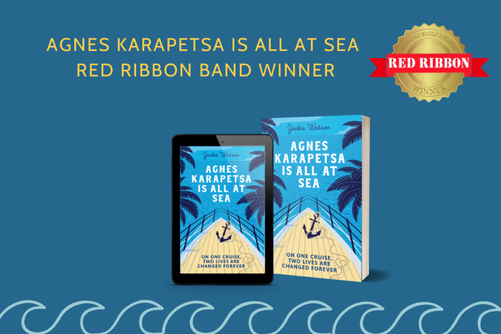 Agnes Karapetsa is All at Sea on a blue background with Red Ribbon Award medal